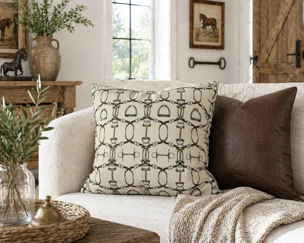 Cream Reins and Bit Double Sided Equestrian Pillowcase