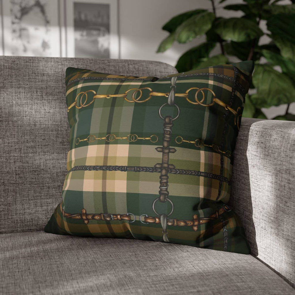 Hunter Green Plaid Double Sided Equestrian Pillow Case