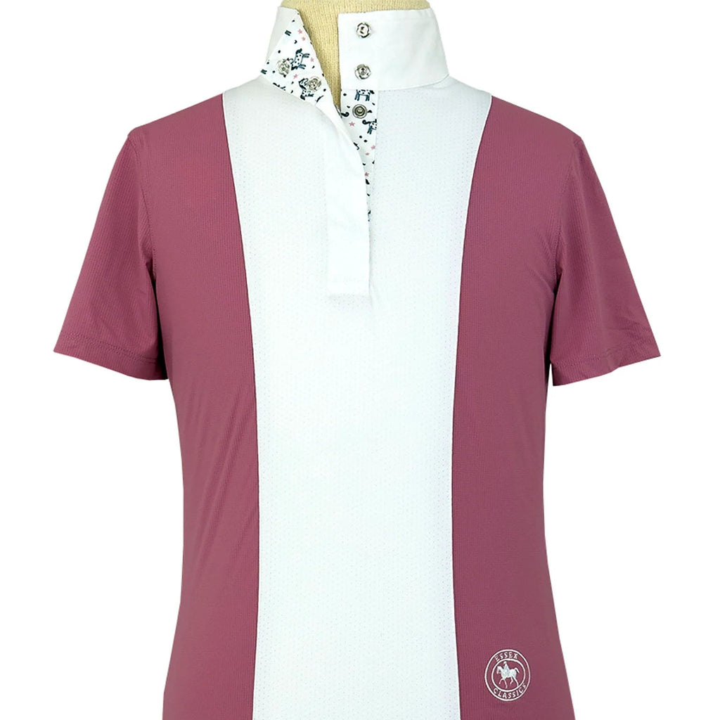 Maroon and white polo shirt on a mannequin with a visible brand logo.