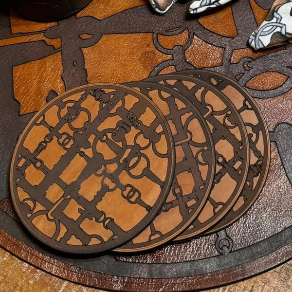 Leather Equestrian Party Snaffle Bit Design Coaster Set of 4