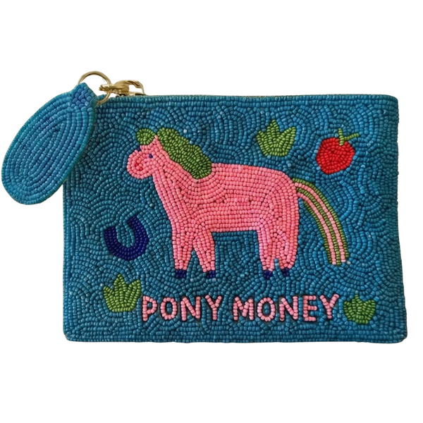 Beaded pouch with a pink pony design and 'Pony Money' text on a blue background