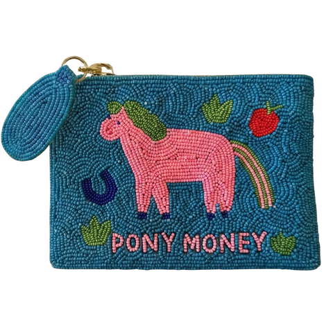 Beaded pouch with a pink pony design and 'Pony Money' text on a blue background