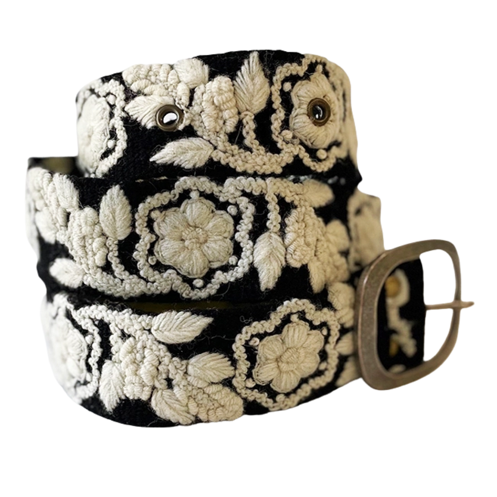 Jenny Krauss Two-Tone Embroidered Wool Belt, Black/Cream Belt