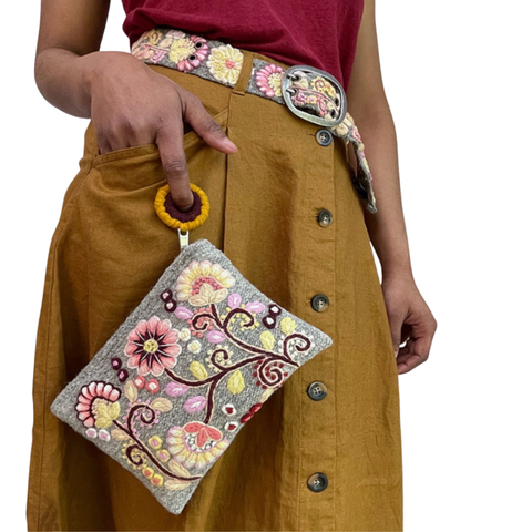 Jenny Krauss Heather Gray Embroidered Wool Pouch