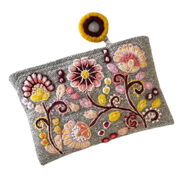 Jenny Krauss Heather Gray Embroidered Wool Pouch