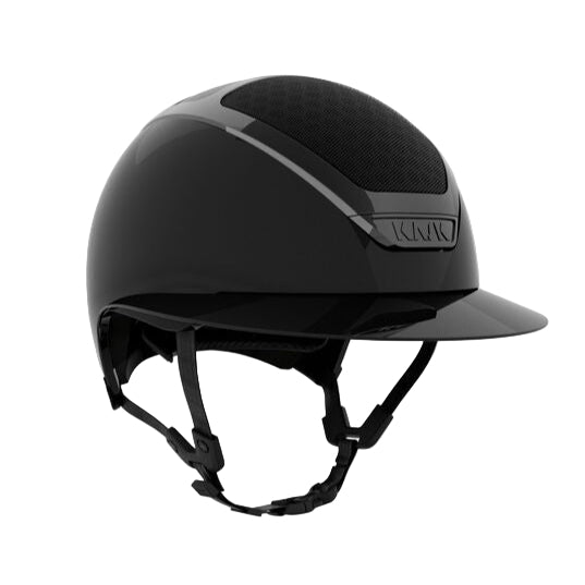 Black riding helmet on a light gray background