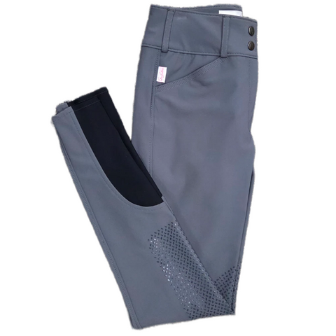 Gray equestrian breeches on a website page with product details.
