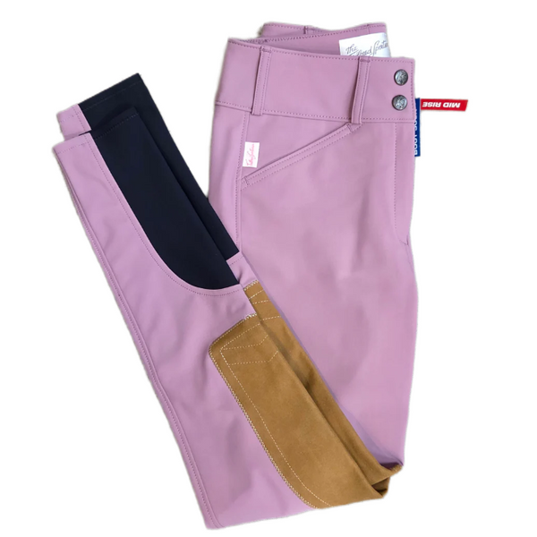 Purple equestrian breeches with a brown patch on a website page