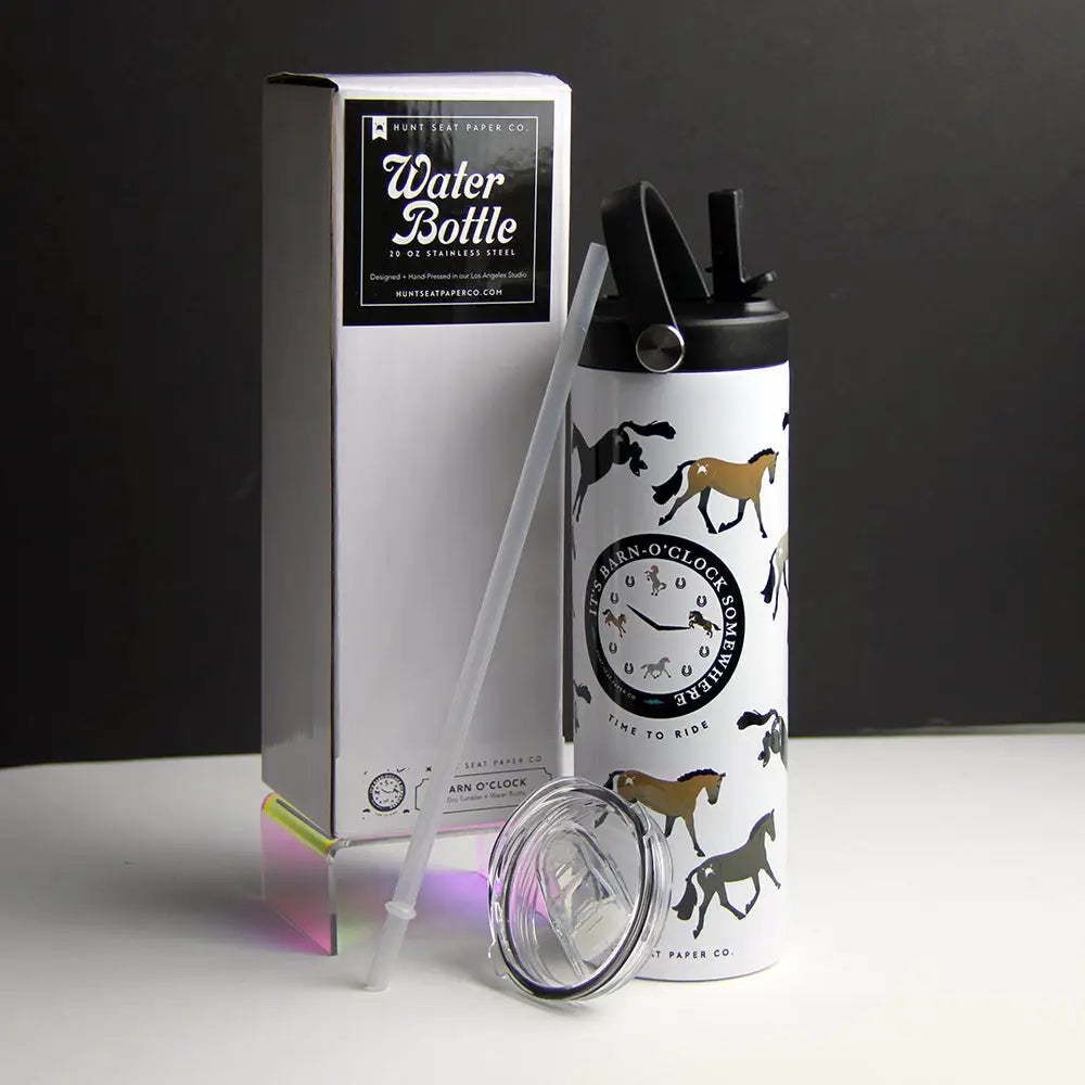 Water bottle with horse design and packaging on a dark background
