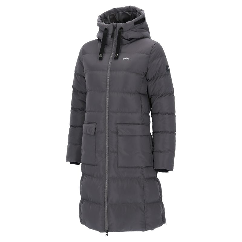 Gray puffer coat with a hood on a white background