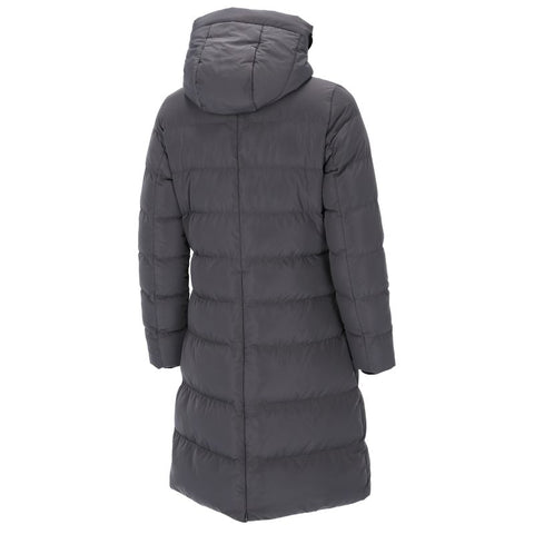 Gray puffer coat with a hood on a white background