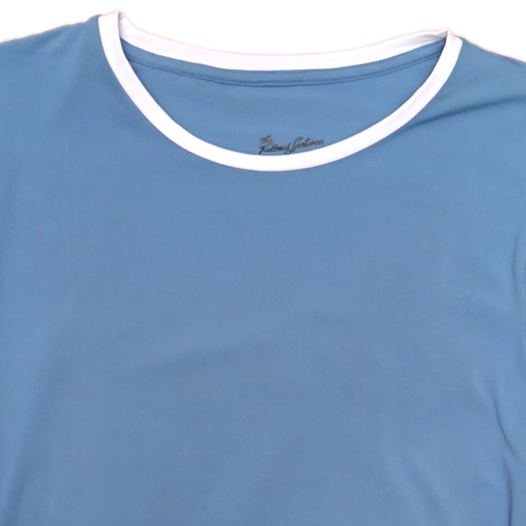 Blue long-sleeve shirt with white trim on a white background