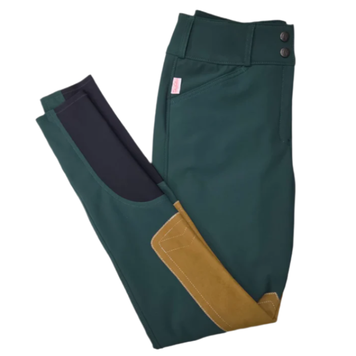 Green and brown pants with a visible brand tag on a white background