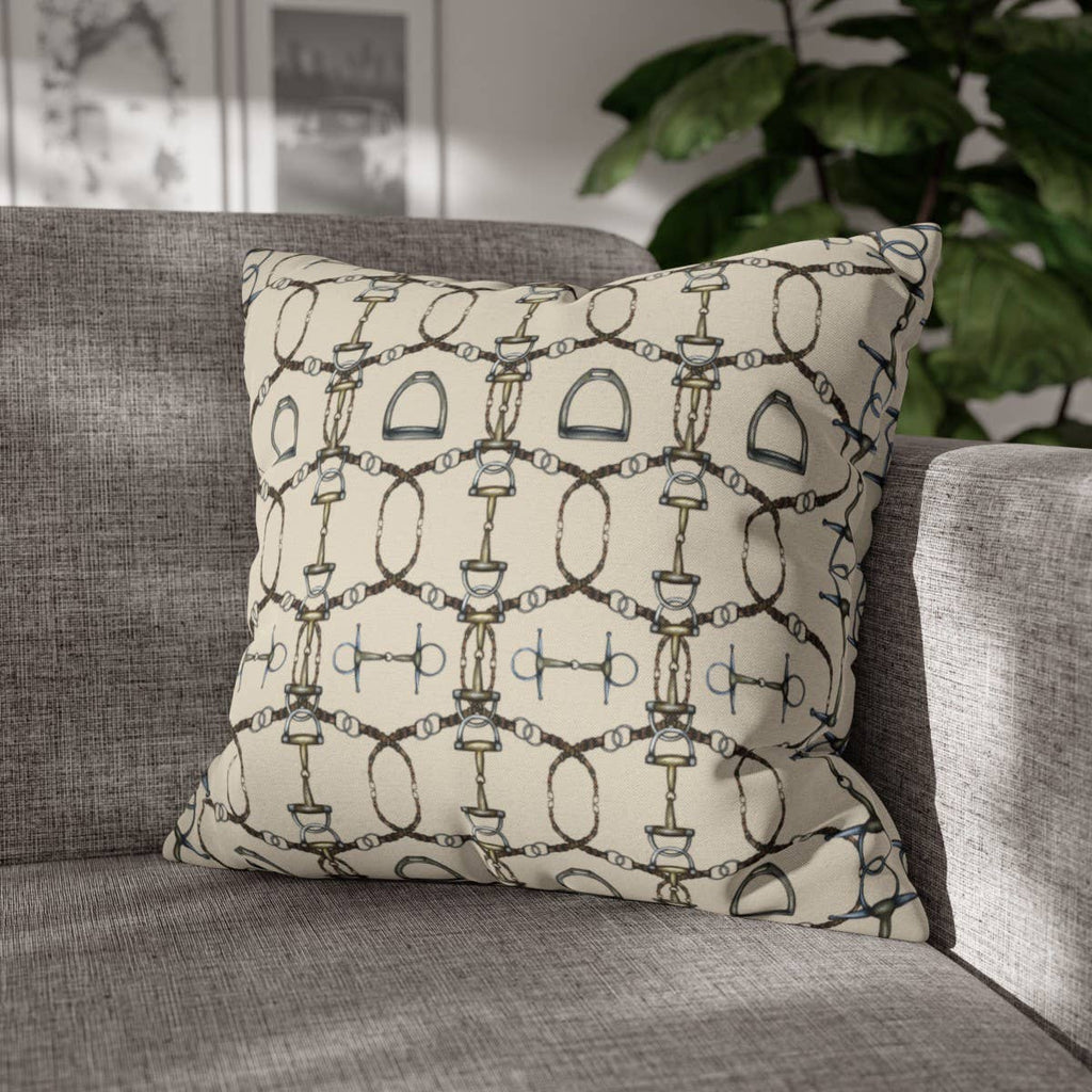 Cream Reins and Bit Double Sided Equestrian Pillowcase