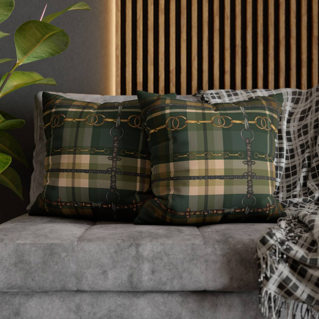 Hunter Green Plaid Double Sided Equestrian Pillow Case