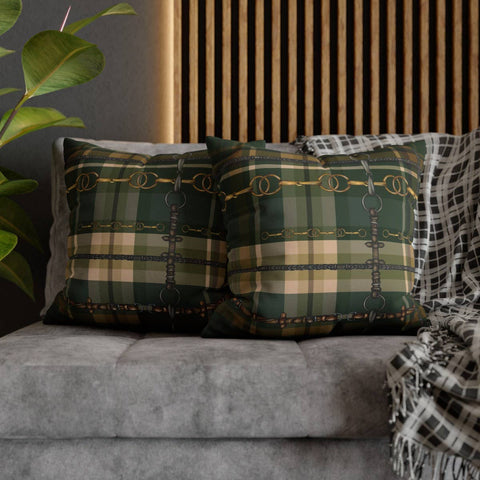 Hunter Green Plaid Double Sided Equestrian Pillow Case