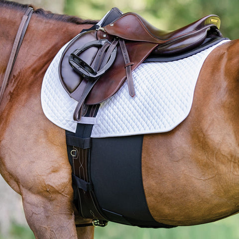 Horse with a saddle and white saddle pad on a blurred green background