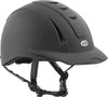 Black riding helmet with a visible brand logo on a white background