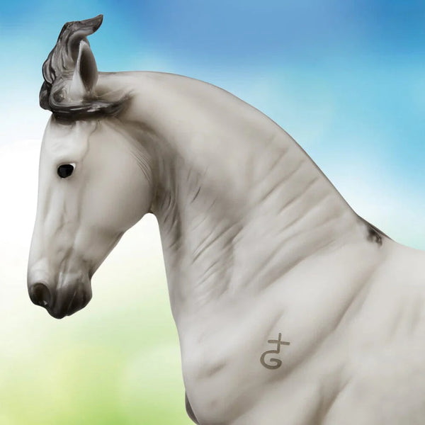 White horse with a stylized mane against a gradient background