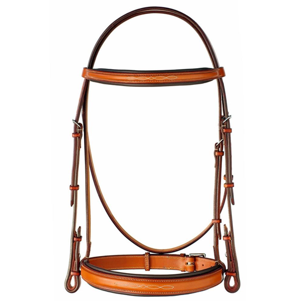 A brown leather horse bridle with raised fancy stitching and a padded crown.