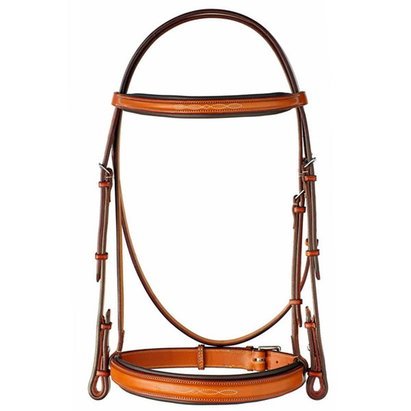 A brown leather horse bridle with raised fancy stitching and a padded crown.