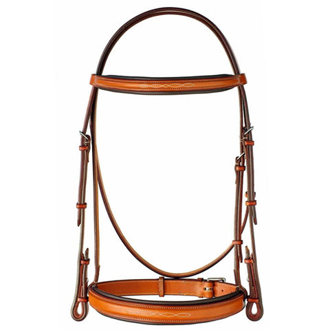 A brown leather horse bridle with raised fancy stitching and a padded crown.