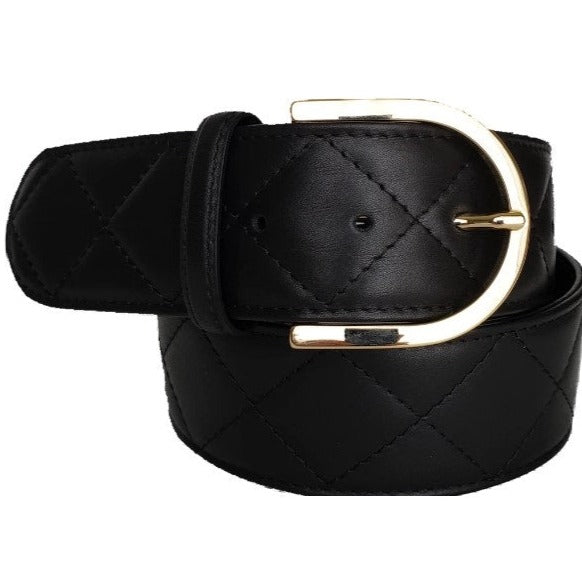 Tailored Sportsman Quilted C Belt - Black w/Gold Buckle